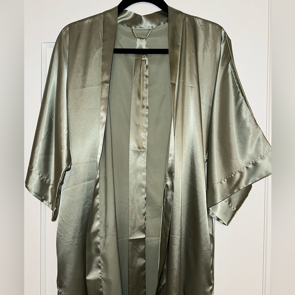 Silk Satin Kimono Robe - Sage Green size Small